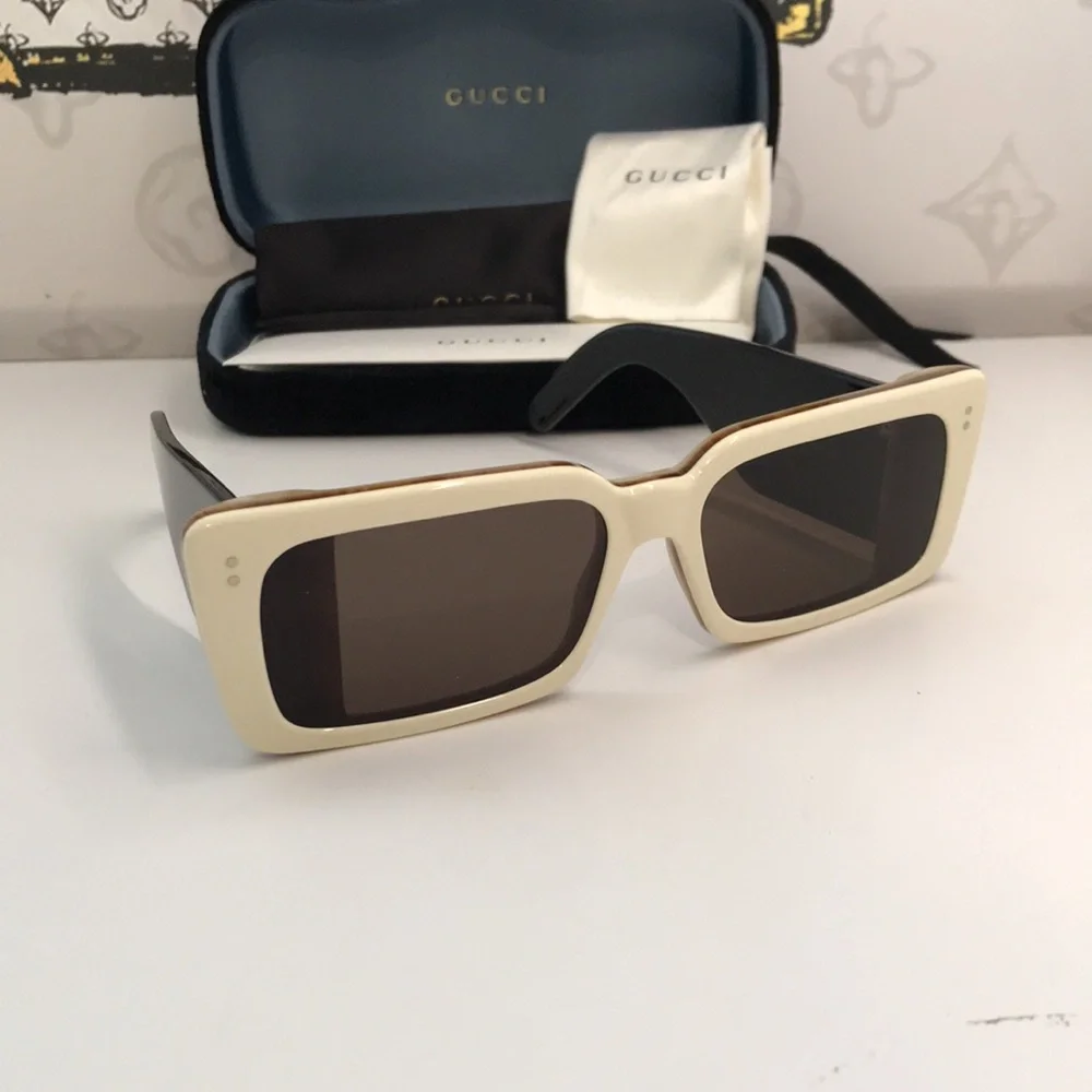 Gucci GG0543S 002 Ivory Black Oversized Rectangular Sunglasses Brown Lens